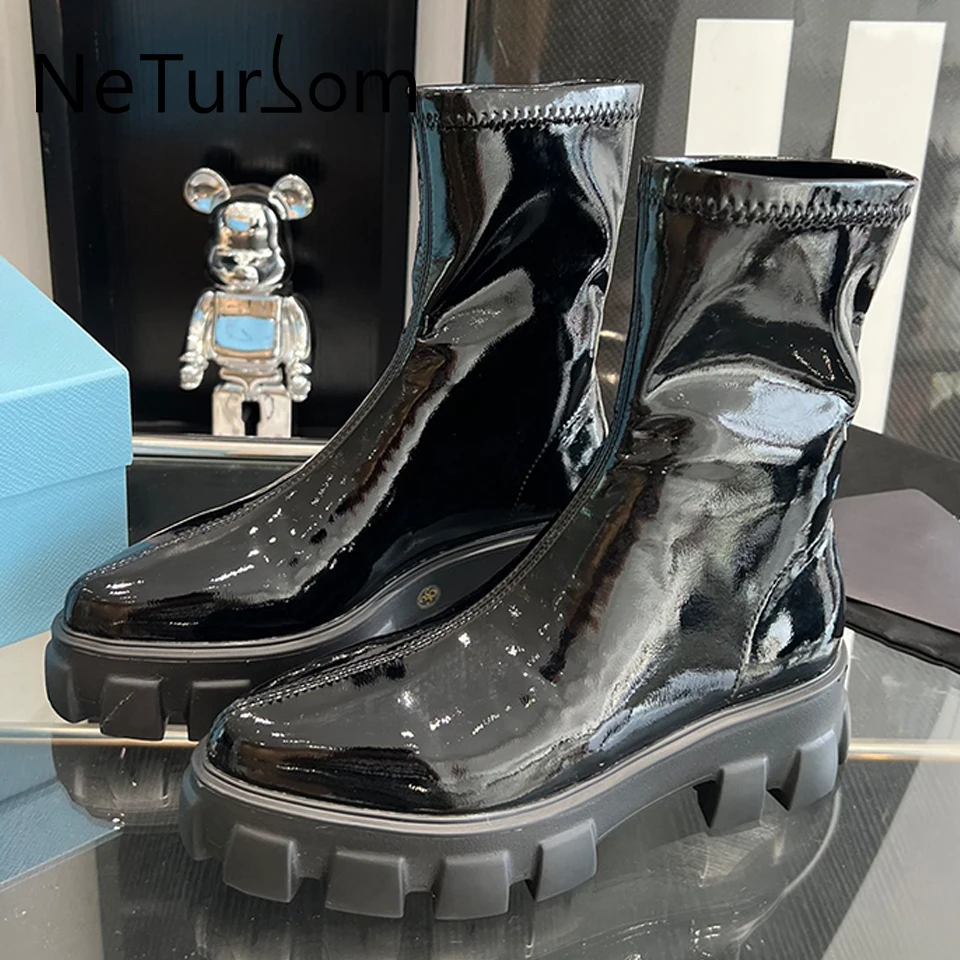 

Autumn and winter new pointed toe patent leather thick soled short boots women's Suede single boot sewing design ankle boots