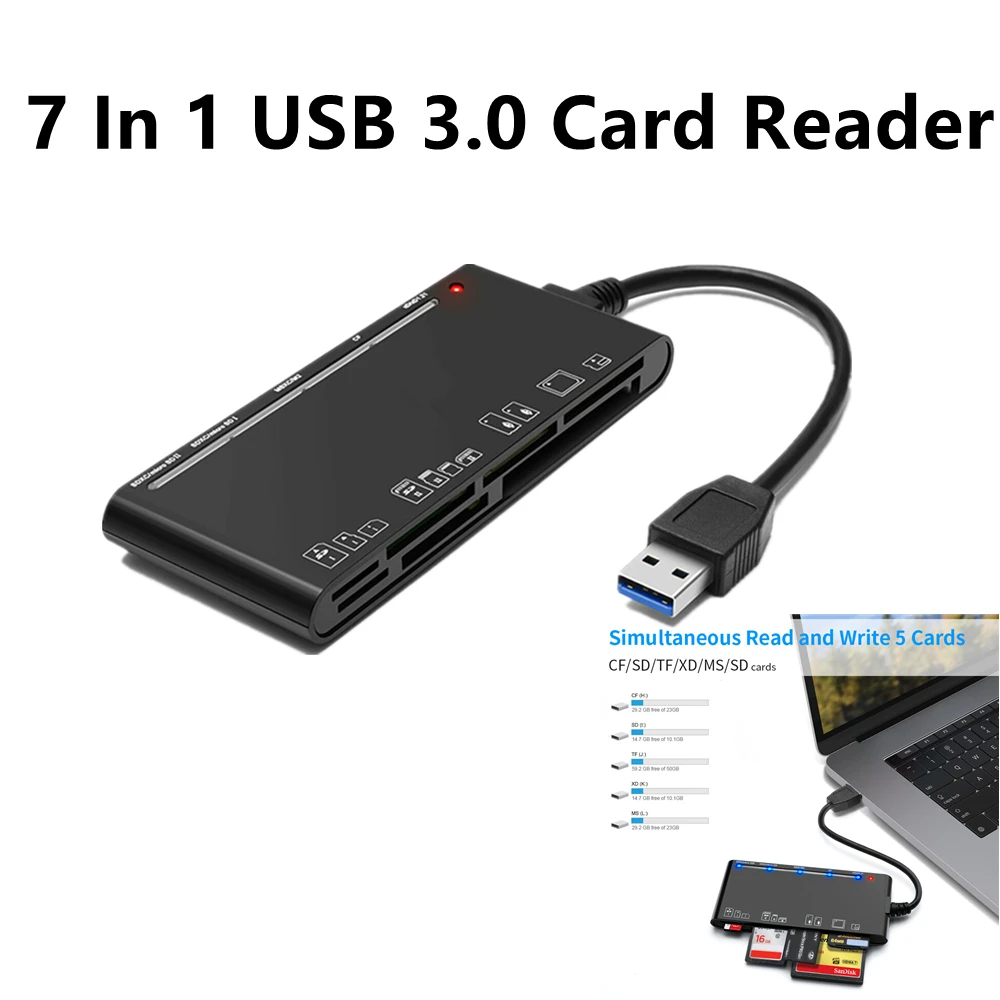 

Кардридер USB 3,0 SD/Micro SD SDXC CF SDHC, адаптер для смарт-карт памяти для ноутбука 7 в 1, кардридер USB 3,0, кардридер SD