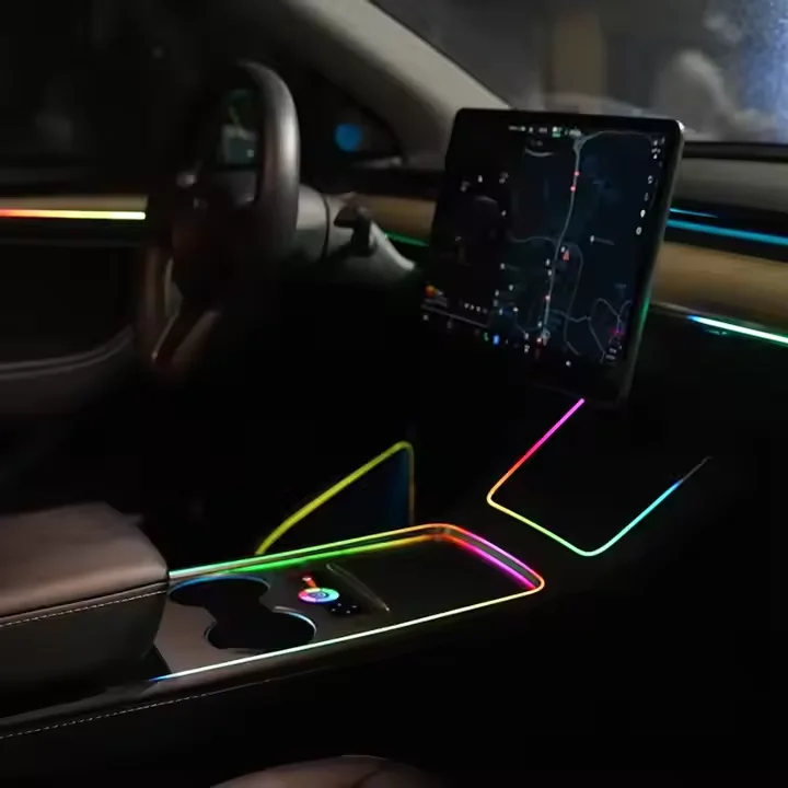 Tesla Model 3/Y 용 맞춤형 대시 보드 LED 스트립 조명 방수 다색 주변 조명 음성 제어 DIY 모드 자동