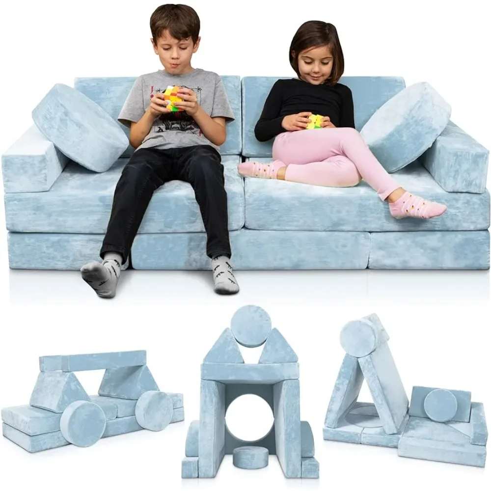 14pcs Modular Kids Play Couch, Child Sectional Sofa, Fortplay Bedroom and Playroom Furniture for Toddlers, for Boys&Girls, Blue