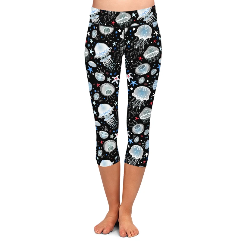 цена LETSFIND 2021 Summer Women Capri Pants Fashion 3D Sea Animals Jellyfish Print High Waist Mid-Calf Casual Leggings