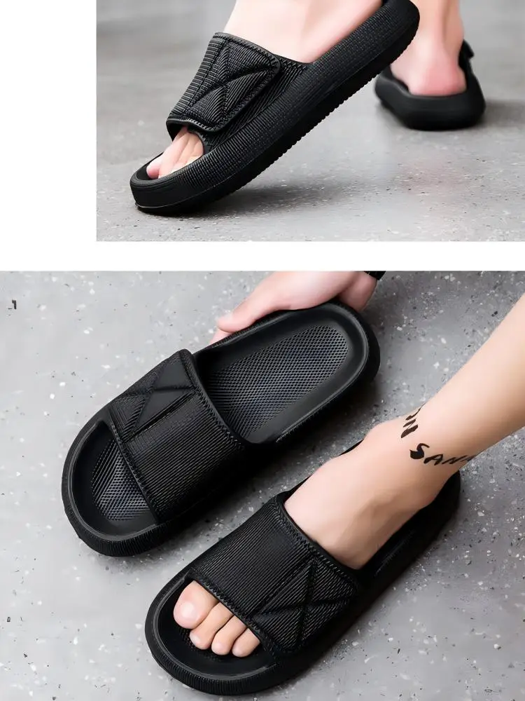 Herren-Slipper mit dicken Sohlen, Damen-Sommer-Oberbekleidung, Hausschuhe für Paare mit weichen Sohlen, lässige Strand-Brot-Hausschuhe mit Klettverschluss und weitem Fuß – Detail 3