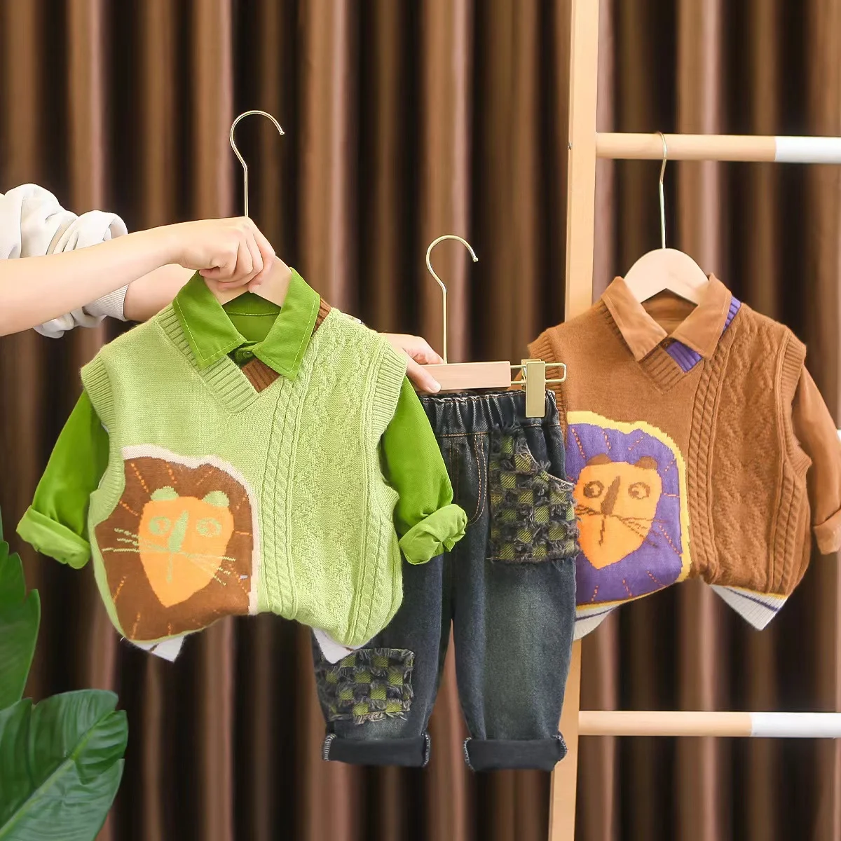 

New Spring Autumn 3PCS Clothing Cartoon V-Neck Sweater Vest+Long Sleeve Solid Shirts+Jeans Pants Kids 1-6T Set Baby Boys Clothes