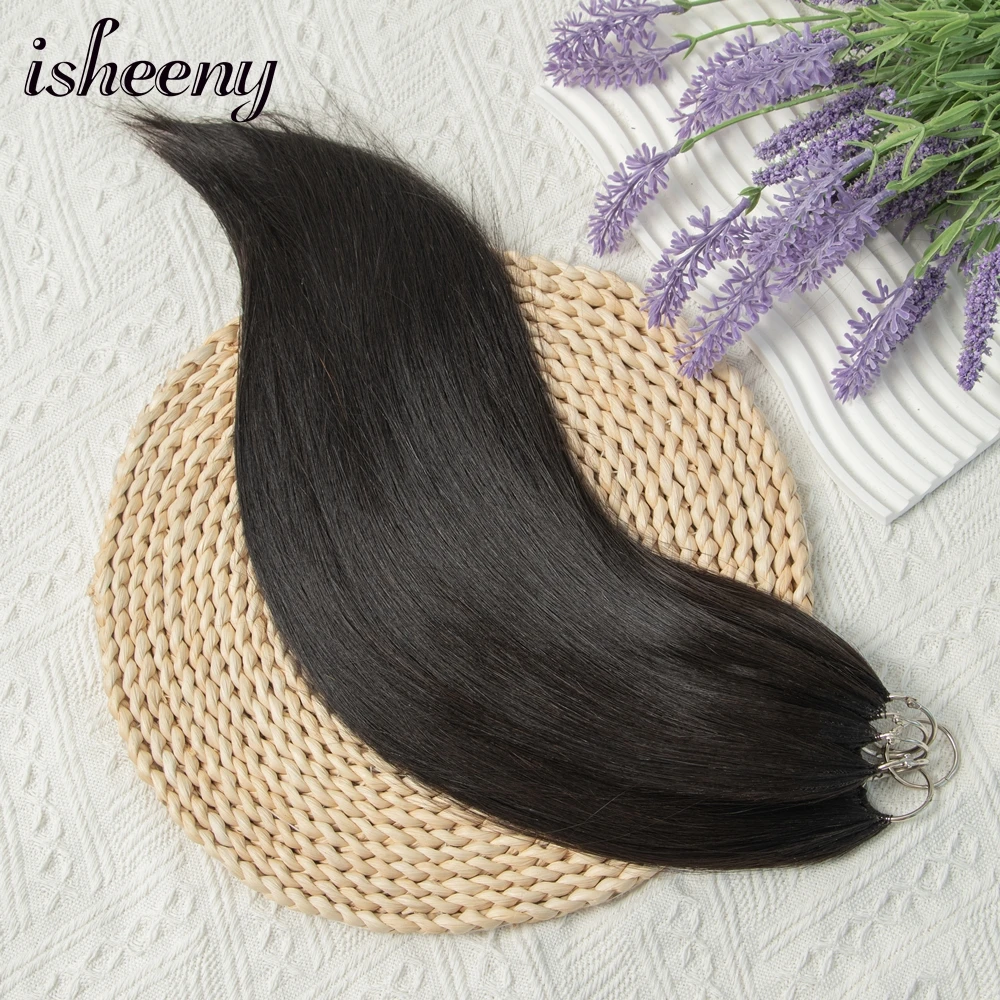 Isheeny Feather Human Hair Extensions 16"-24" Hand Knitting Extension Straight Natural Black Remy Micro Feather Line Hair Custom