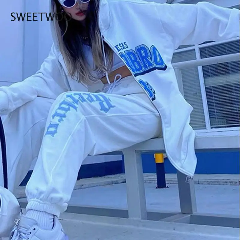 

Women Autumn Blue Korean Gothic Clothes Letter Printing Pure White Long Sleeved Retro Female Oversized Zip Up Sports Hoodie 2022