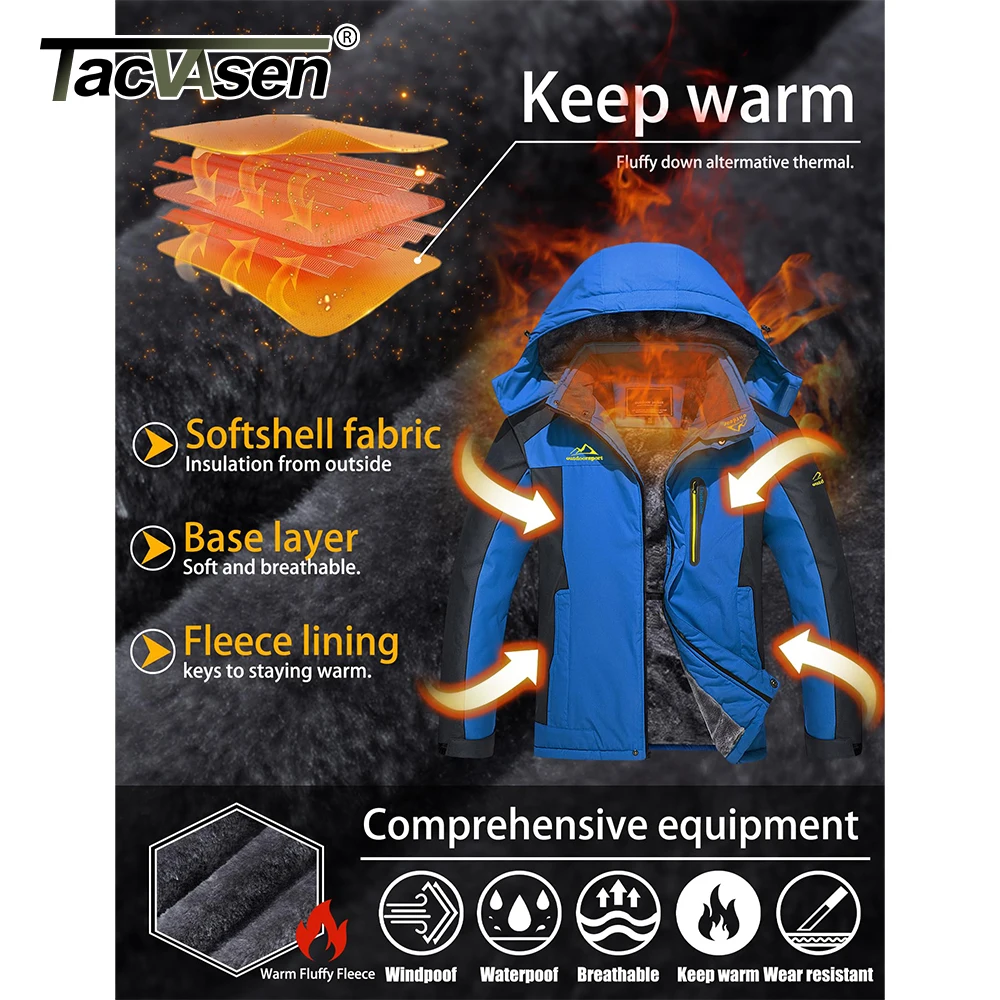 TACVASEN Men's Waterproof Hooded Winter Parka Coat with Fleece Lining