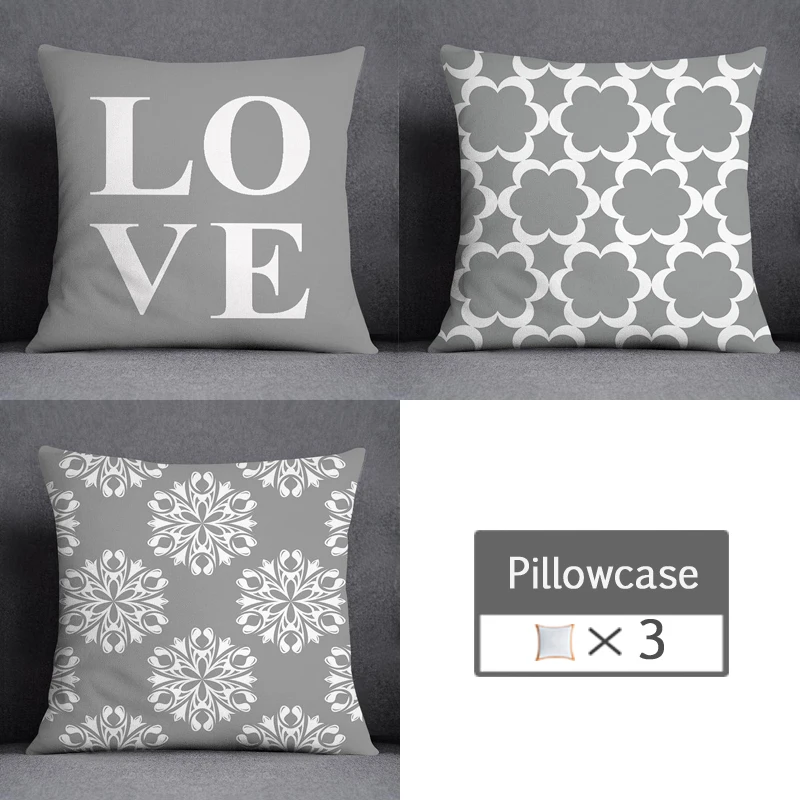 3pcs/lot 45X45CM Gray Lumbar Pillow Case Polyester Geometry Leaf Floral Stripes Plaids Print Sofa Throw Cushion Cover Home Decor 