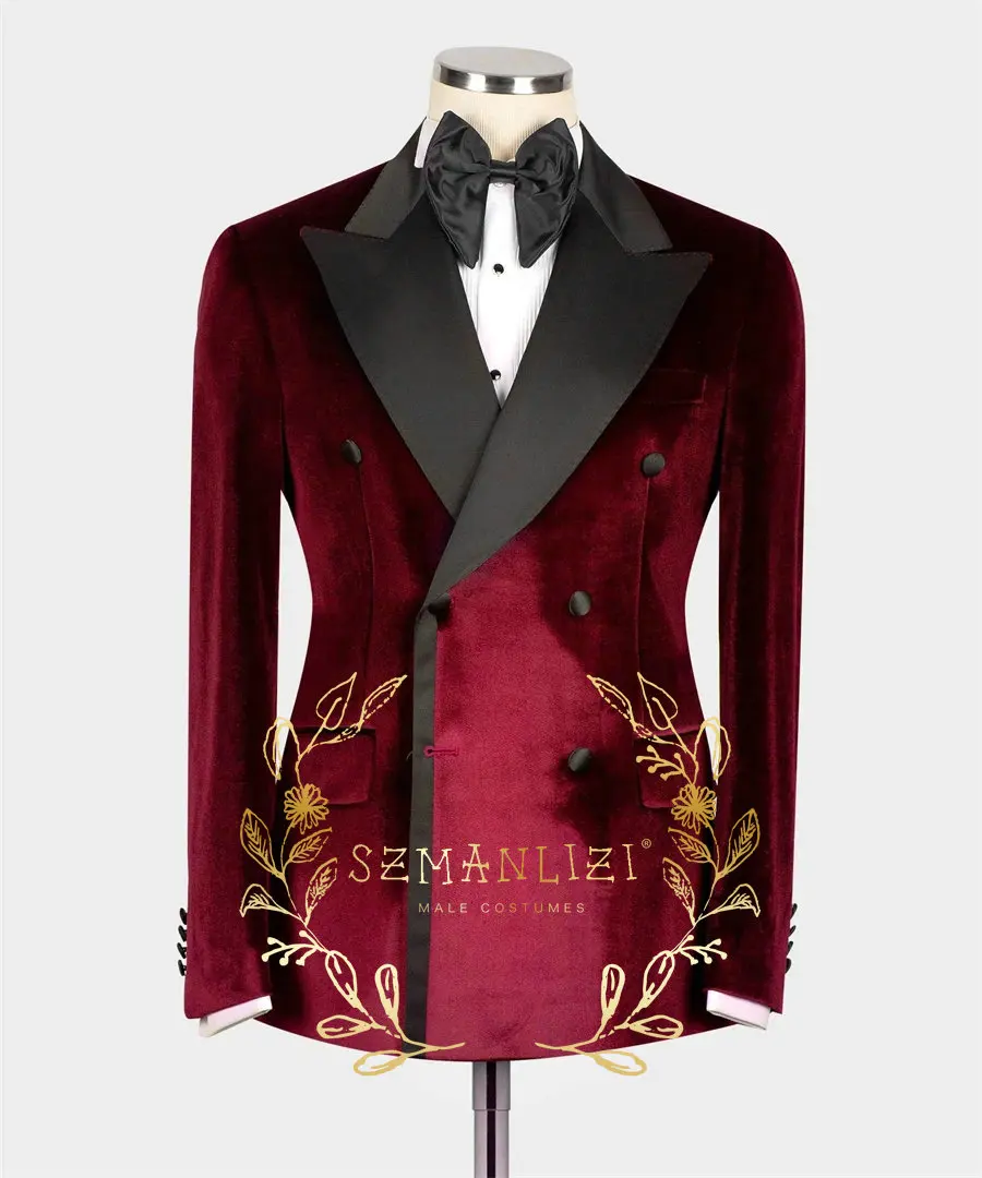 Men Suits Jackets Prom Blazer For Mens Slim Fit Burgundy Velvet Peaked Lapel Male Wedding Party Jacket Fashion Coat