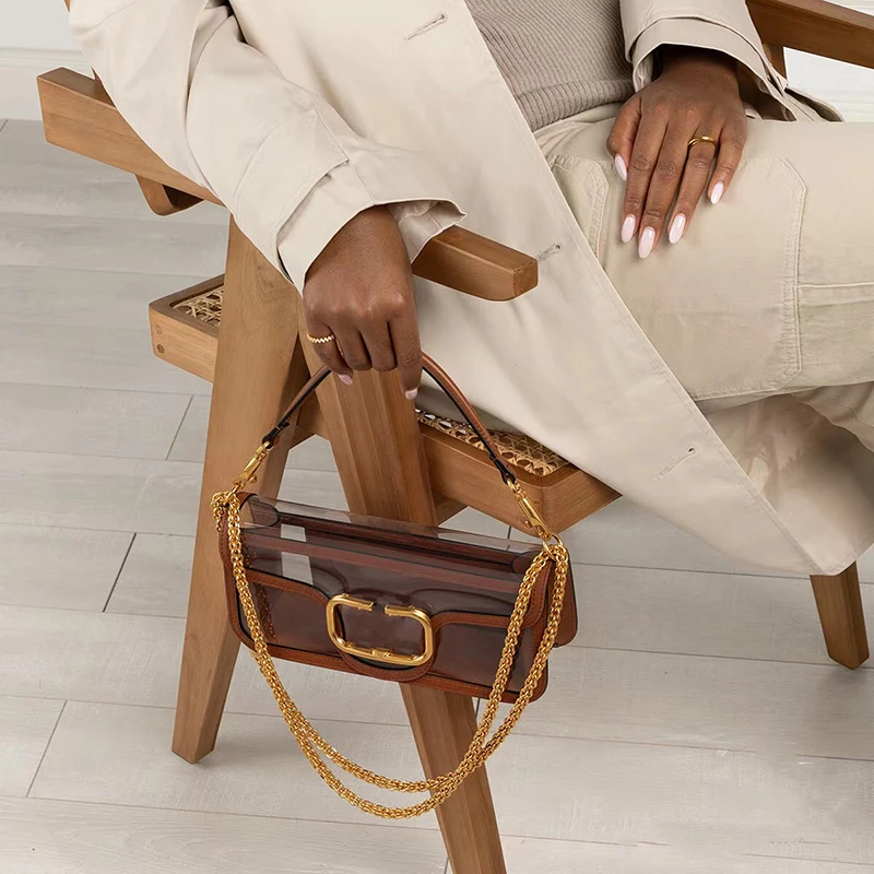 

New Fashion Retro Versatile Chain Bag with Advanced Texture One Shoulder Crossbody Bag Spliced Transparent Handbag for Women