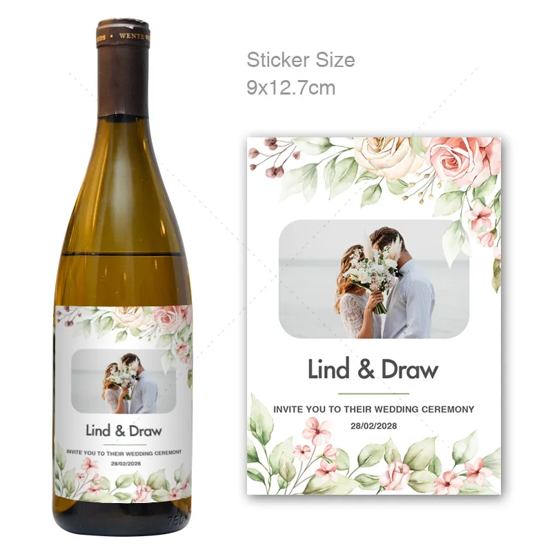 thumbnail image 1 of Etiqueta adhesiva para vino y champán de boda, personalizada, para cumpleaños, novia, boda, envolturas, decoración de botellas, caja de regalo, etiquetas para botellas, 1 of 5
