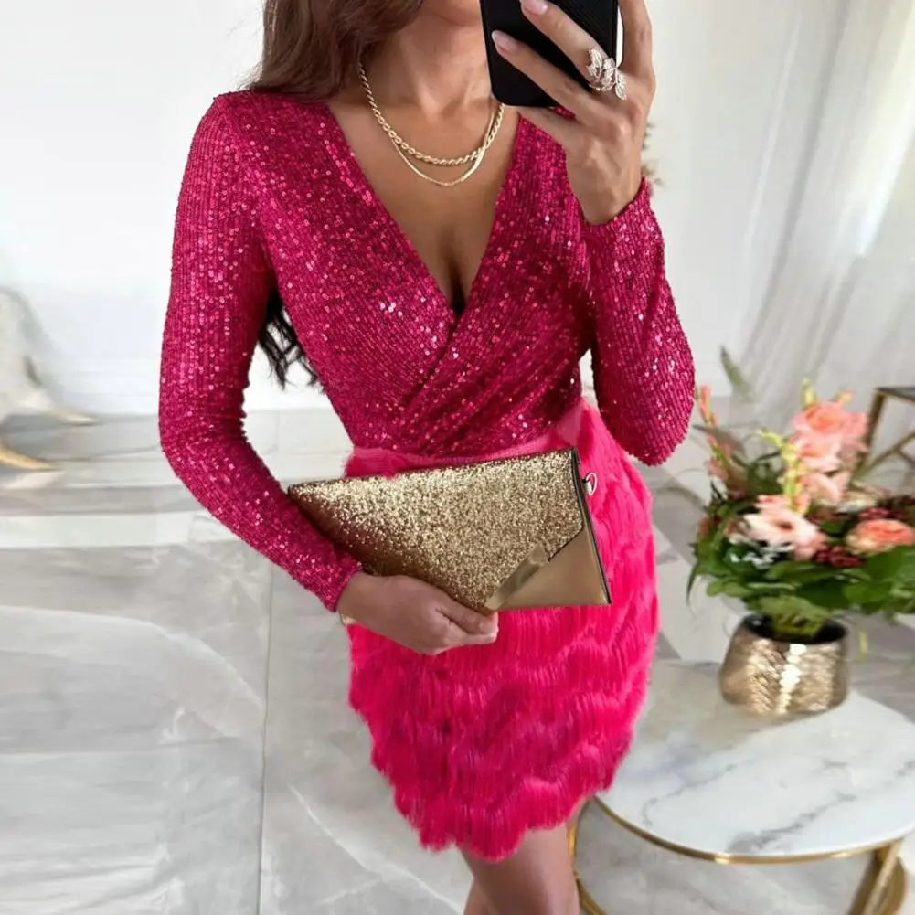 

Party Dress Elegant Sequin Faux Fur Mini Dress for Women Low-cut V Neck Sheath Slim Fit Waist Long Sleeve Shiny Prom Party Lady