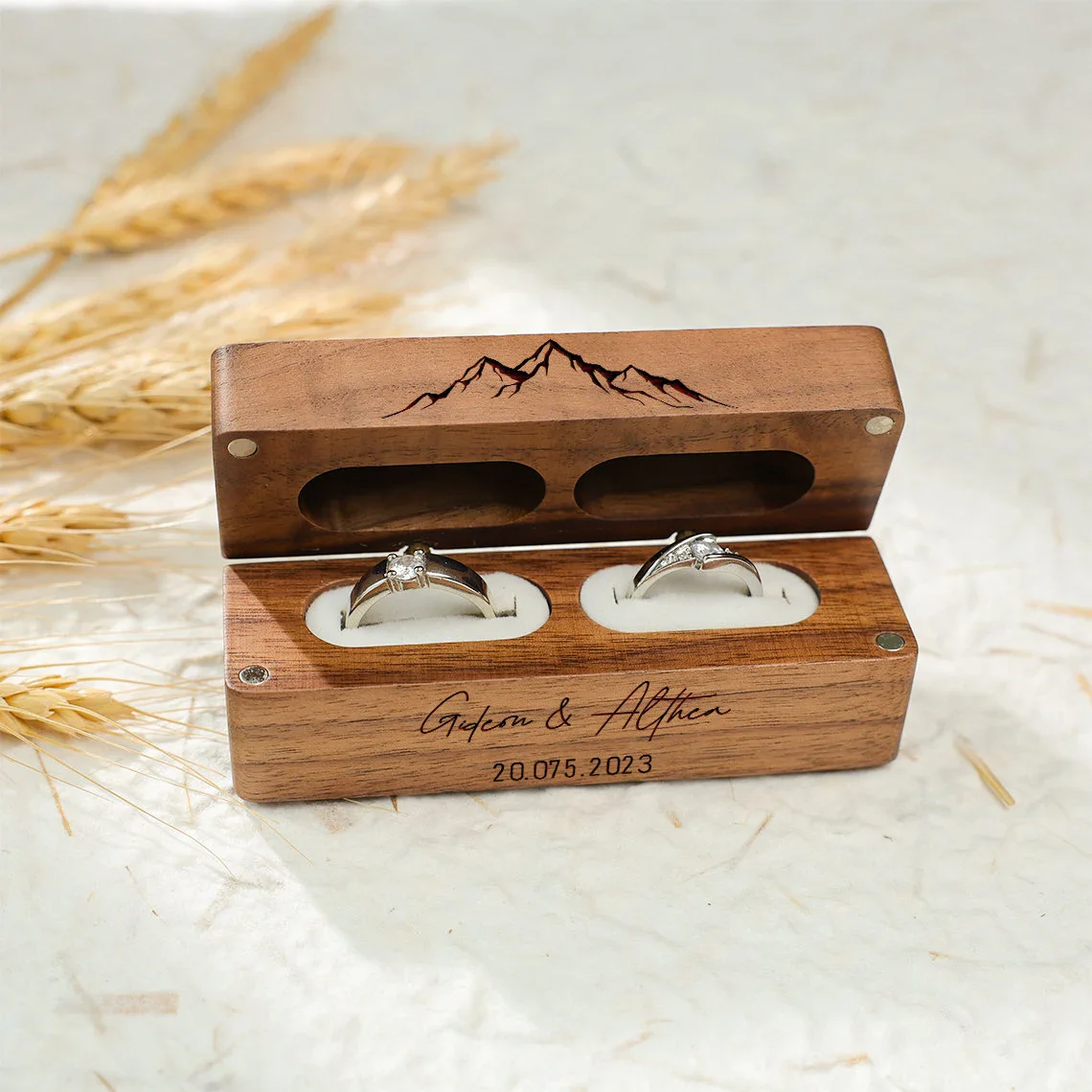 Personalized Rustic Wooden Double Ring Box for Weddings and Engagements