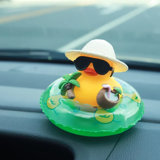 Tropical Rubber Duck Car Ornament, Funny Beach Duck with Sunglasses, Coconut Float, Car Interior Decor, Dashboard Accessories 1
