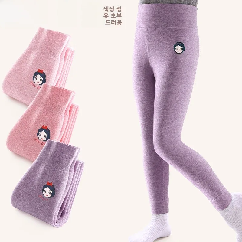 디즈니 걸스 열 플리스 안감이 있는 통합형 두꺼운 속옷 면 혼방 원단 홈웨어 소녀 가을 바지