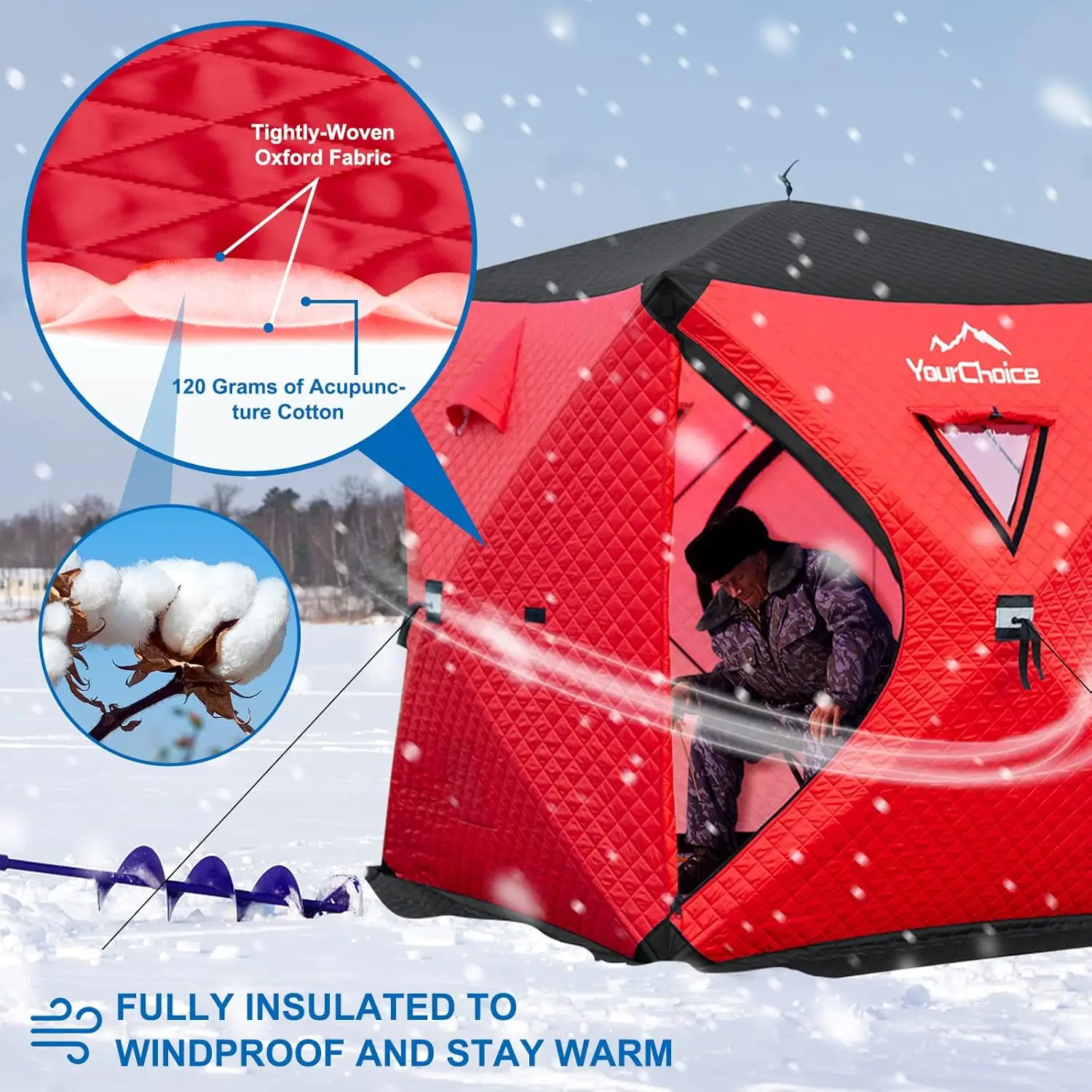 Choice Pop Up 3-4 Person Ice Fishing Shelter, Fully Insulated Ice Fishing Shelter, with Insulated Layer to Windproof and Wa