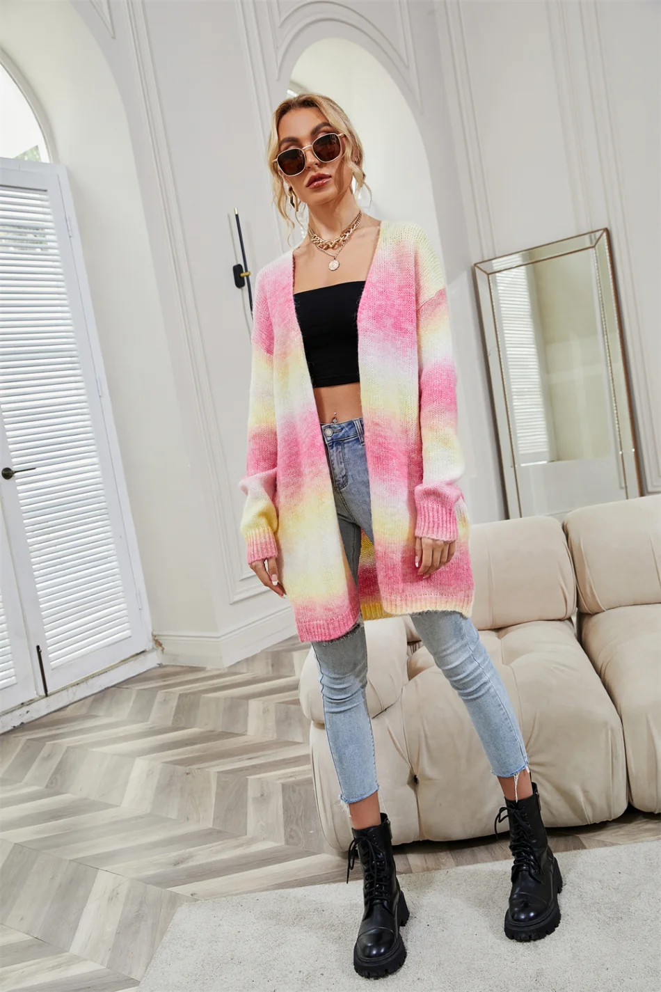2024 New Winter European American Sweaters Rainbow Tie-dye Mid-length Oversized Cardigan Women Knitwear Jacket Long Sleeved Tops
