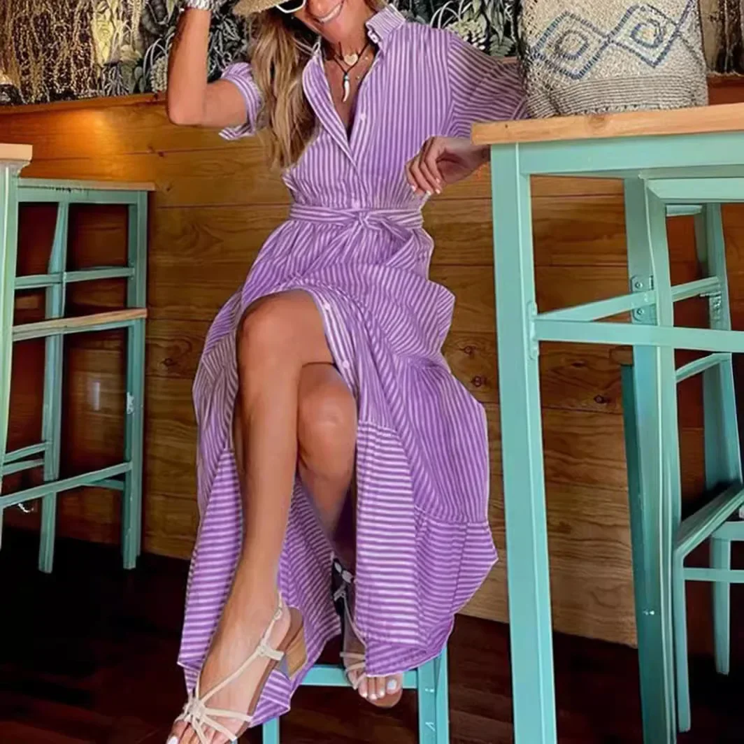 Fashion Striped Print Short-sleeved Loose Long Dress For Women 2024 Summer  Casual Preppy style Lace-up Shirt Dresses Robe Femme - AliExpress 200000345