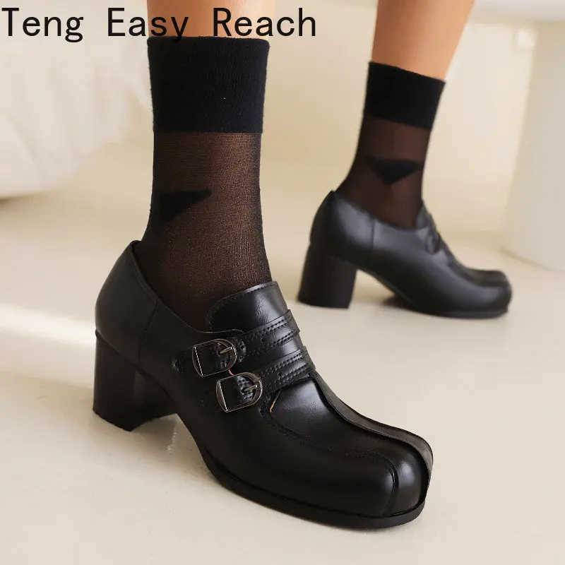 Women's Vintage Chunky Heel Square Toe Mary Jane Shoes Ankle Cross-strap Ladies Mary Janes Shoes Large Size 32-48 Chunky Heels