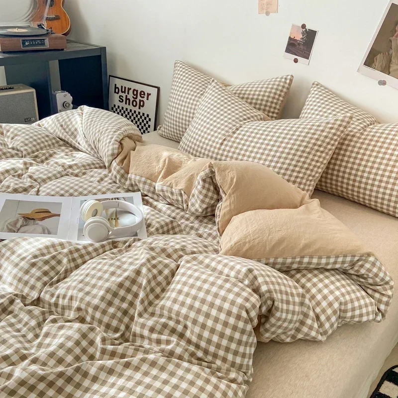 Japanese Style Check Queen Quilt Cover Set 1/3 Pcs Soft Washed Duvet Cover and Pillowcase or Only Duvet Covers Skin-friendly