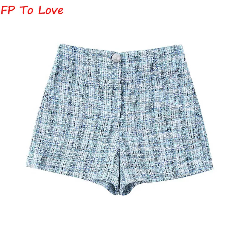 

Fp To Love High Waist Casual Green Colourful Metal Button Trim Textured Vintage Casual One Button Rough Spun Straight Leg Shorts