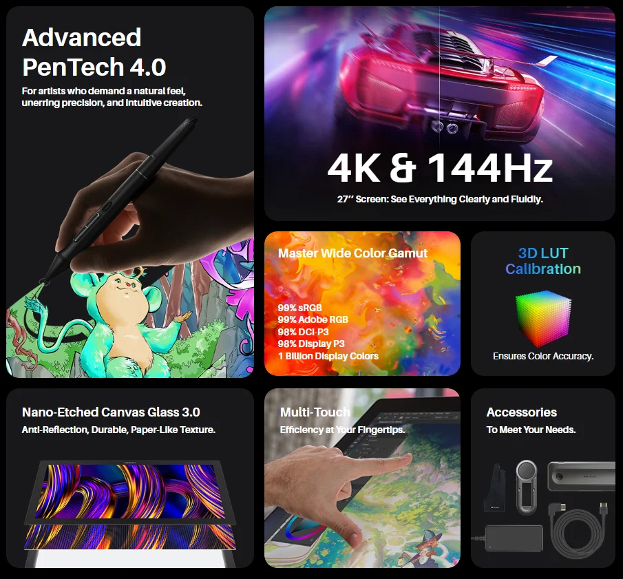 Huion Kamvas Pro 27 144Hz 27인치 4K 16384 레벨 그래픽 태블릿(아티스트, 디자이너, 애니메이터용 스크린 포함)AR