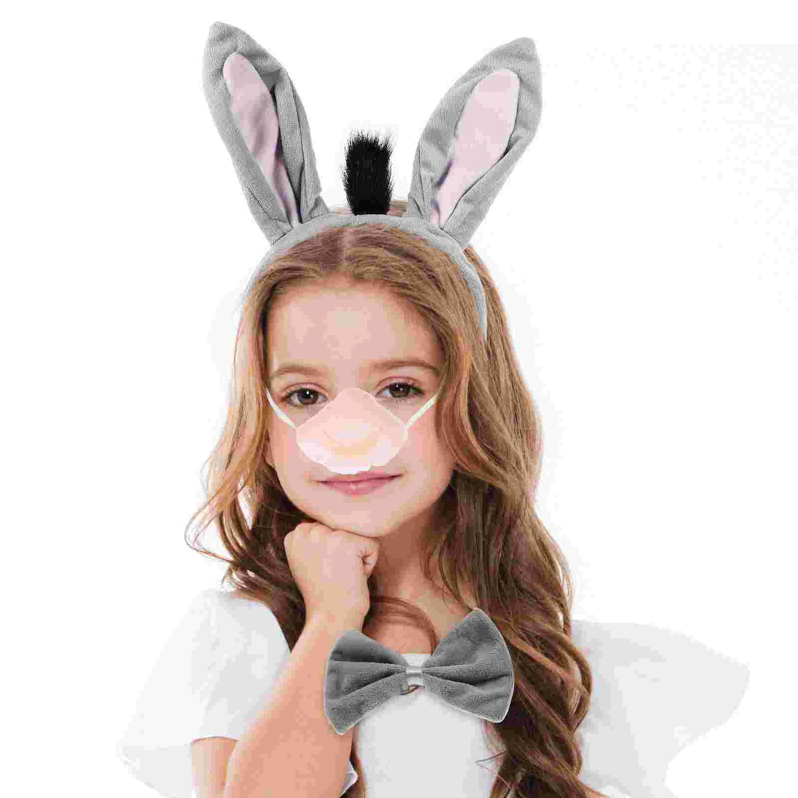 Gray Donkey Ears Headband Kids Costume Halloween Supplies Animal Hair Accessories Donkey Tail Nose Bowtie Set Children Stage