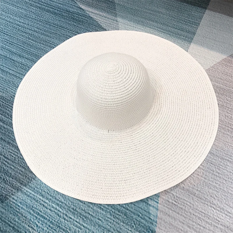 White punk straw hat 25cm large brim hat sun ultra-thin breathable summer sun straw travel men and women