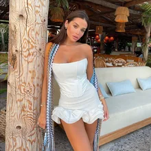 

White Dresses Sets Strapless Sleeveless Crop Top Summer New Bodycon Mini Skirts Beach Party Two Piece Set Sexy Outfits For Woman