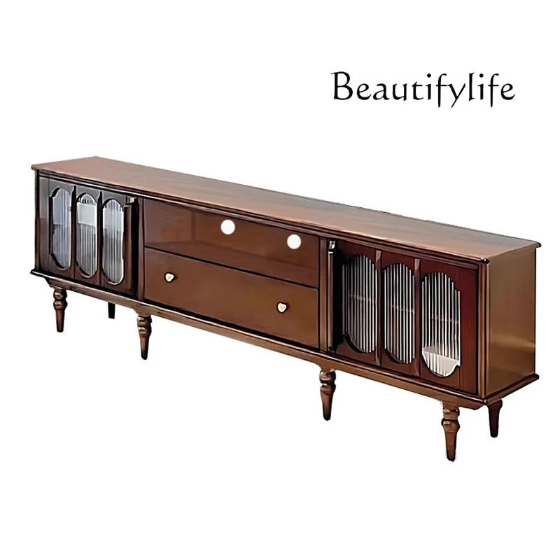 

American-Style Solid Wood Black Walnut-Color Floor Cabinet Living Room Light Luxury French Coffee Table TV Cabinet Combination