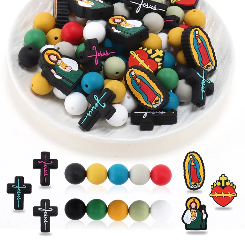 126PCS Silicone Cross Focal Beads Jesus Silicone Round Bead 15mm Cross For DIY Keychain Jewelry Making Necklace Lanyards Craft