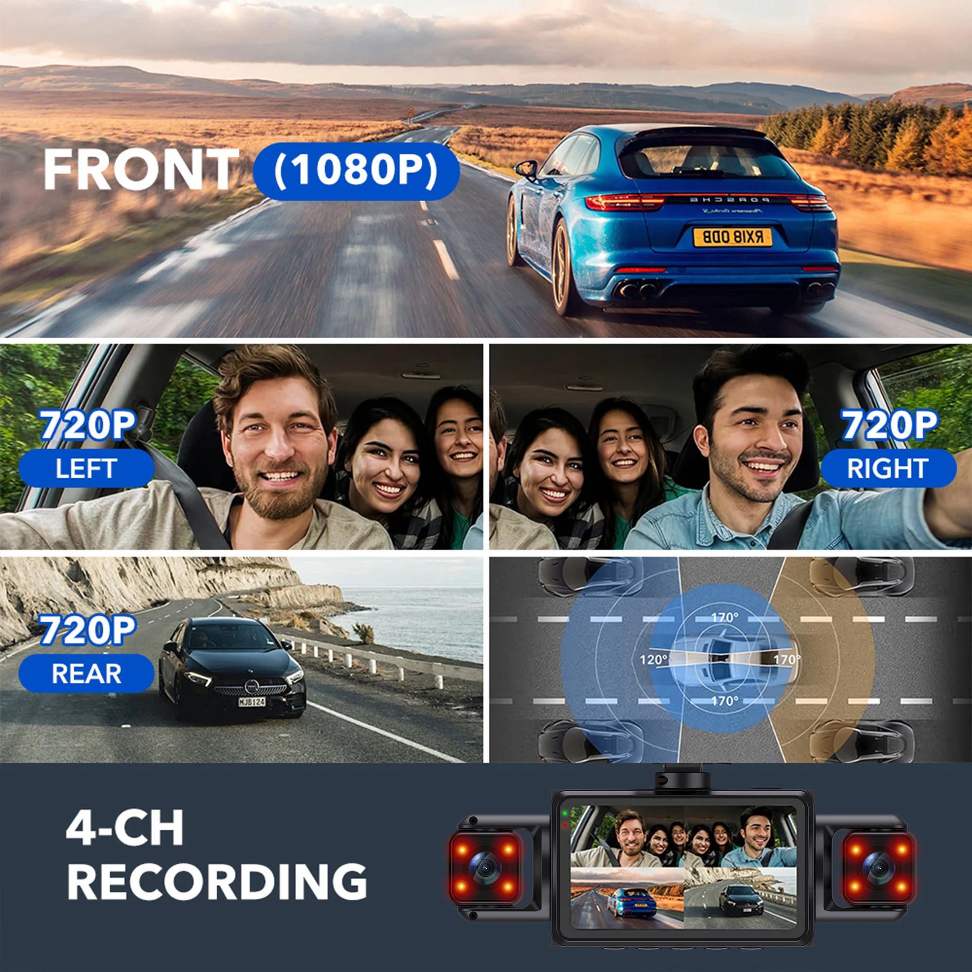 4-Channel WiFi Dash Cam System – Full HD 1080P Car DVR with Front, Rear, Left & Right Cameras, Night Vision, Loop Recording, and Hardwire Kit 3