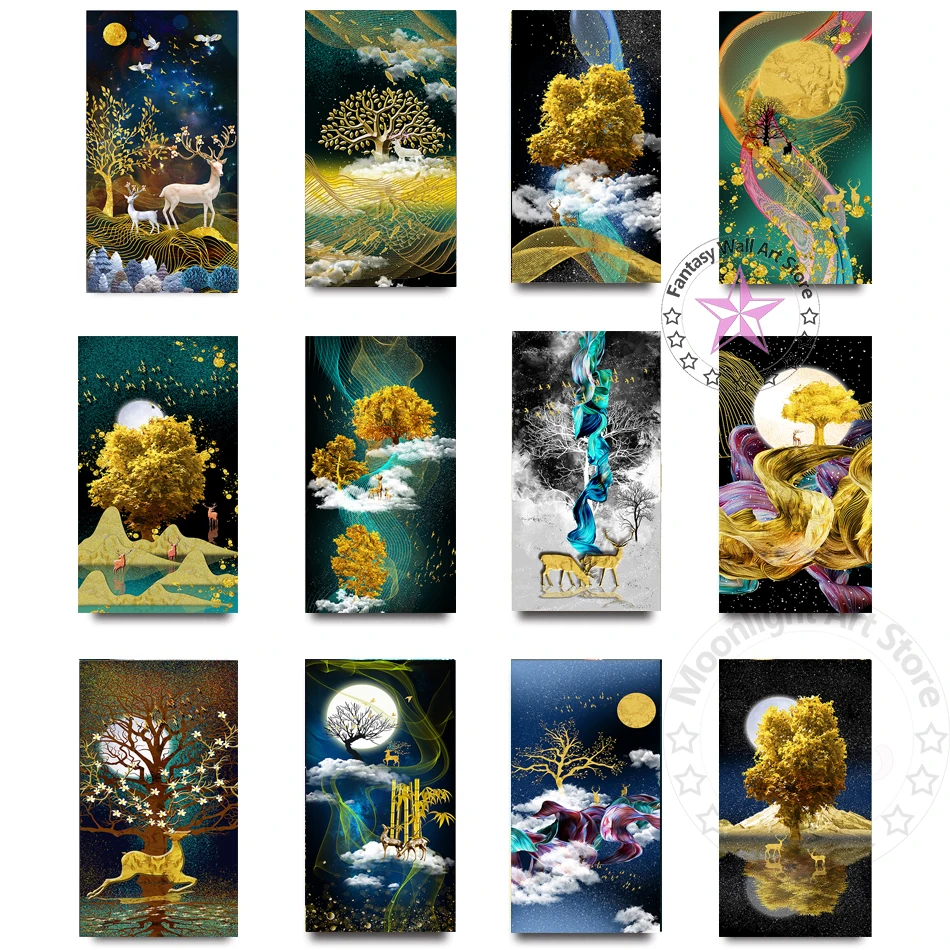 

Nordic White Elk Gold Tree Painting on Canvas Abstract Landscape Posters and Prints Luxury Wall Art Pictures for Room Home Decor