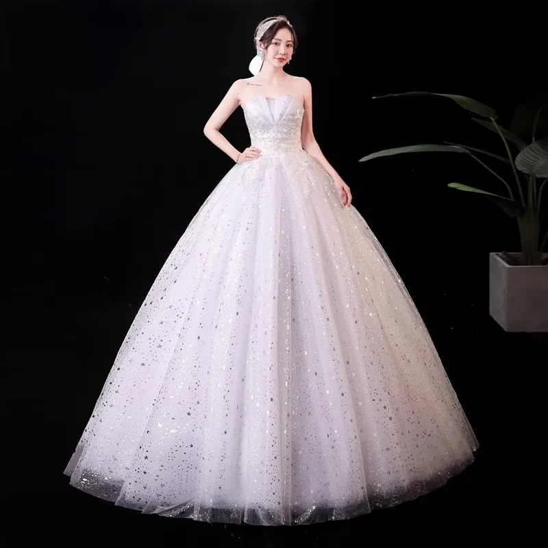 

It's Yiiya Wedding Dresses White Bling Tulle Appliques Strapless Lace up Princess Floor-length Plus size Bride Ball Gowns XN053