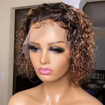 Parrucca corta in capelli umani con riflessi, taglio pixie, con frontale in pizzo, per donne nere, parrucca economica senza colla.