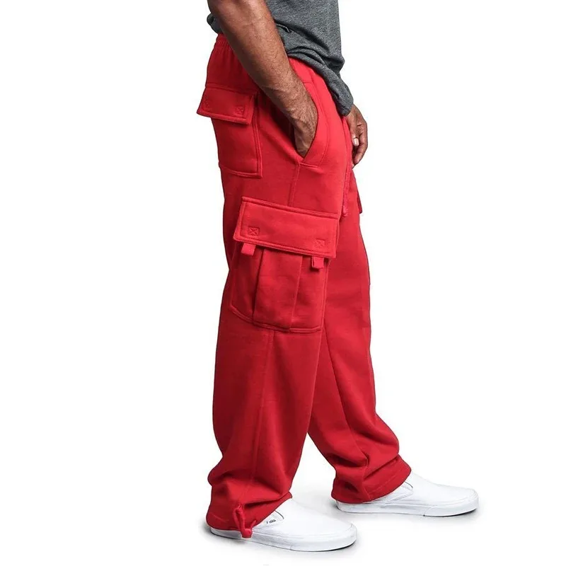 Men's Loose Drawstring Multi-Pocket Pants Loose Straight Leg Casual Outdoor Sports Jogging Solid Color Trend Street Pants 5
