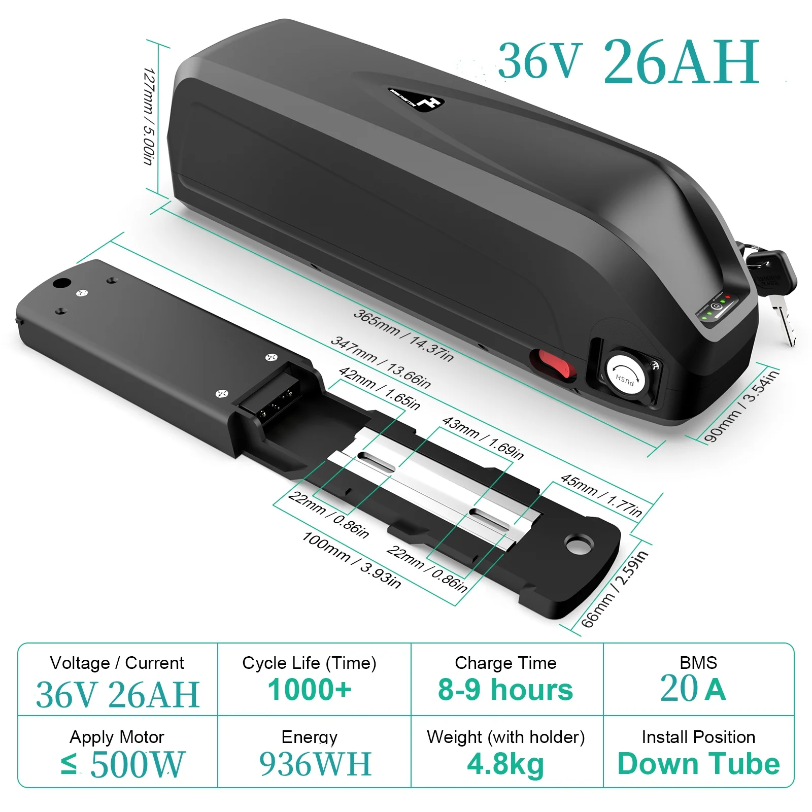36V Ebike Batterie 15Ah Hailong Down Tube Batterie de vélo électrique, Fit pour 250W 300W 350W 500W 700W Kit de Conversion