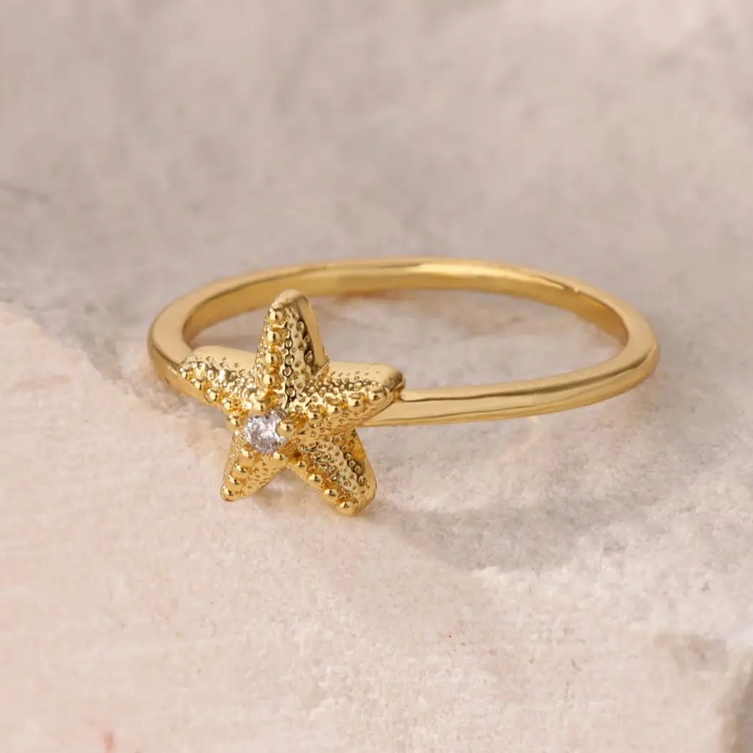 Zircon Starfish Rings Geometric Gold Stainless Steel