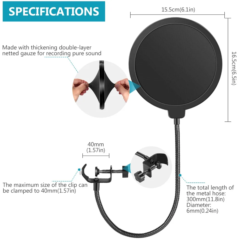 Professional Microphone Pop Filter Mask Shield Compatible with Blue Yeti and Any