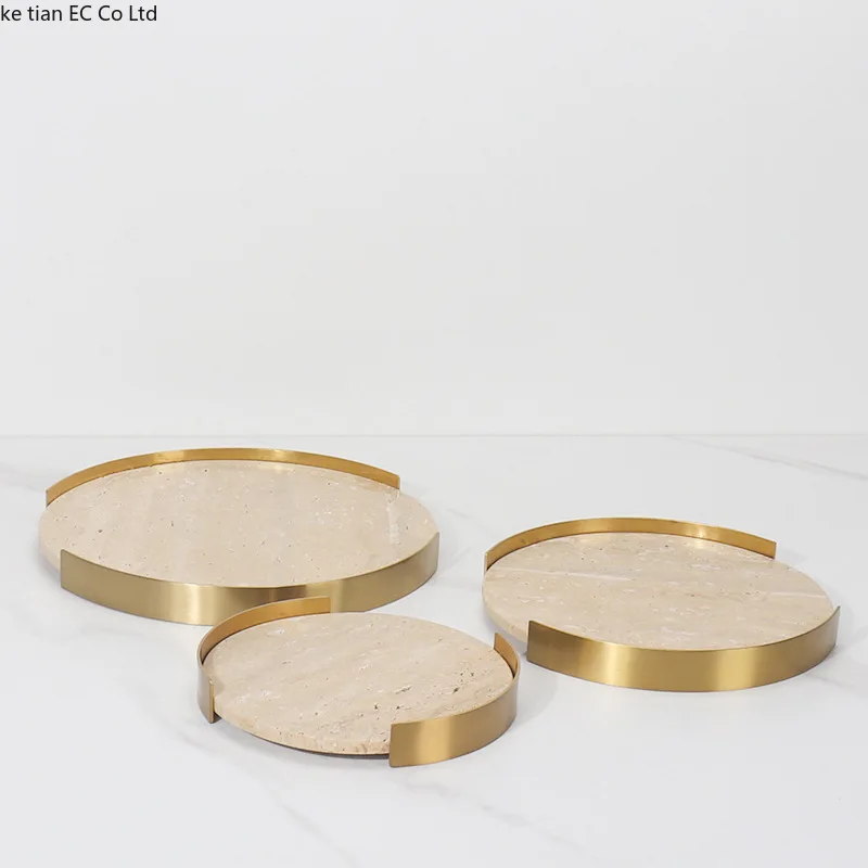 European modern light luxury natural marble round metal frame tray living room desktop storage Bathroom sink storage tray 3