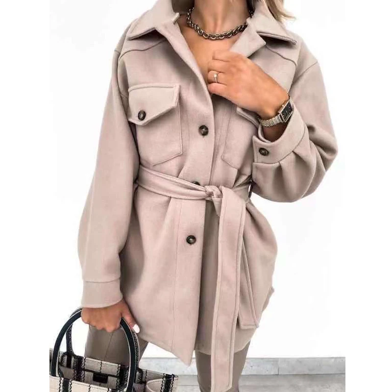 2023 Autumn and Winter Women Fashion Bandage Single Breasted Woolen Coat Ladies Elegant Long Sleeve Solid Loose Outewear Jacket