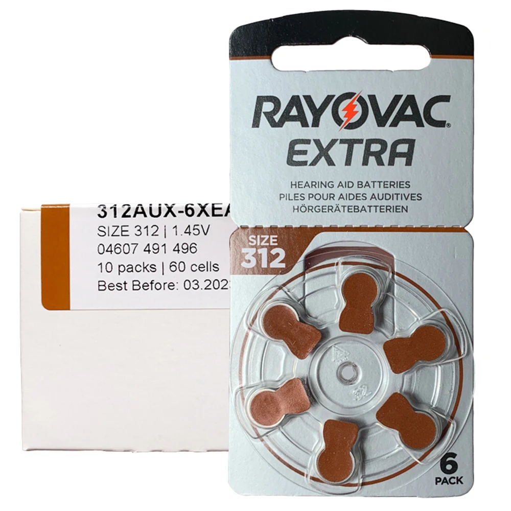(60 PCS)Rayovac Extra Mercury Free Hearing Aid Batteries Size 312 1.45V 312 312A A312 PR41 Zinc Air Battery For ITC RIC
