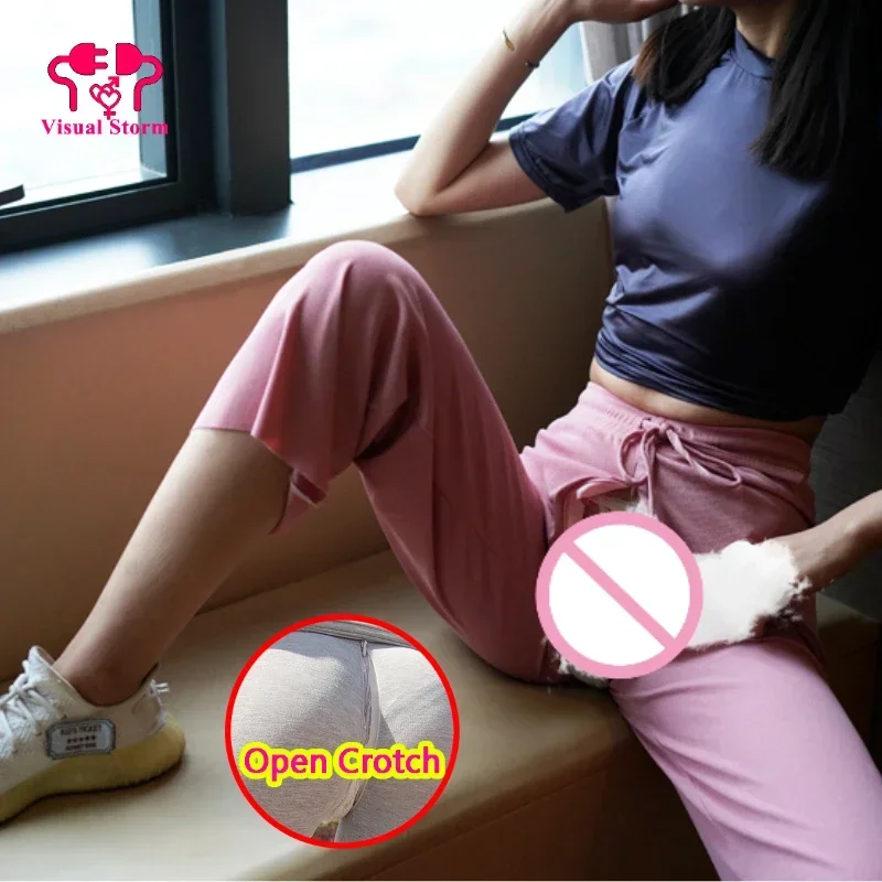 Woman Open Crotch Sexy Leggings Panties Party Hidden Double Zipper Erotic Pants Clubwear Exotic Gym Hot Ice Silk Couple Wild