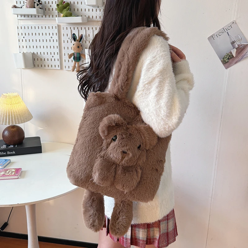 Süße Bär Flauschige Plüsch Umhängetaschen für Frauen Designer Flauschige Kunstpelz Dame Handtaschen Top Griff Tote Weibliche Winter Geldbörsen – Detail 7