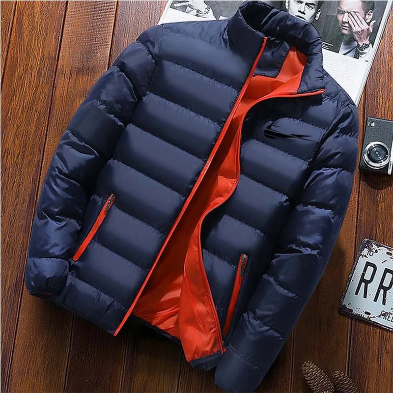 2022 New down cotton suit slim slim men's bubble cotton suit, casual solid color standing collar men's winter warm cotton suit mens fur parka Parkas