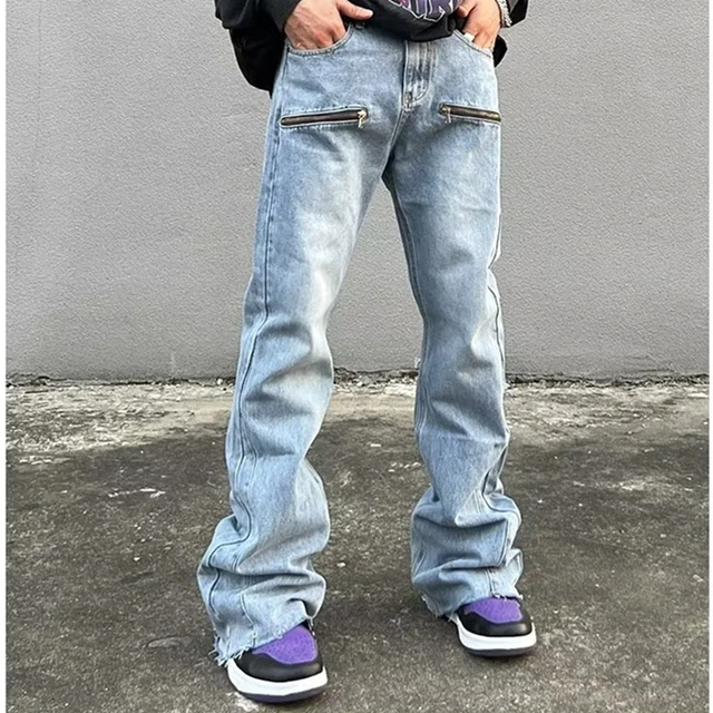 2023 Y2K Fashion Zipper Retro Washed Baggy Flare Jeans Pants Men Streetwear  Hip Hop Wide Leg