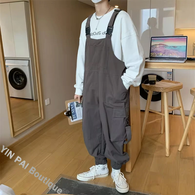 Men Suspenders Jumpsuit Pants Autumn Overalls Japanese Loose Straps Casual Pockets Unisex Oversize Streetwear Solid Clothing