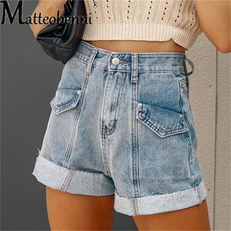Summer Fashion Folded Leg Denim Shorts Female Casual High Waist Button Splicing Pocket Blue Three-quarter Pants Women Streetwear