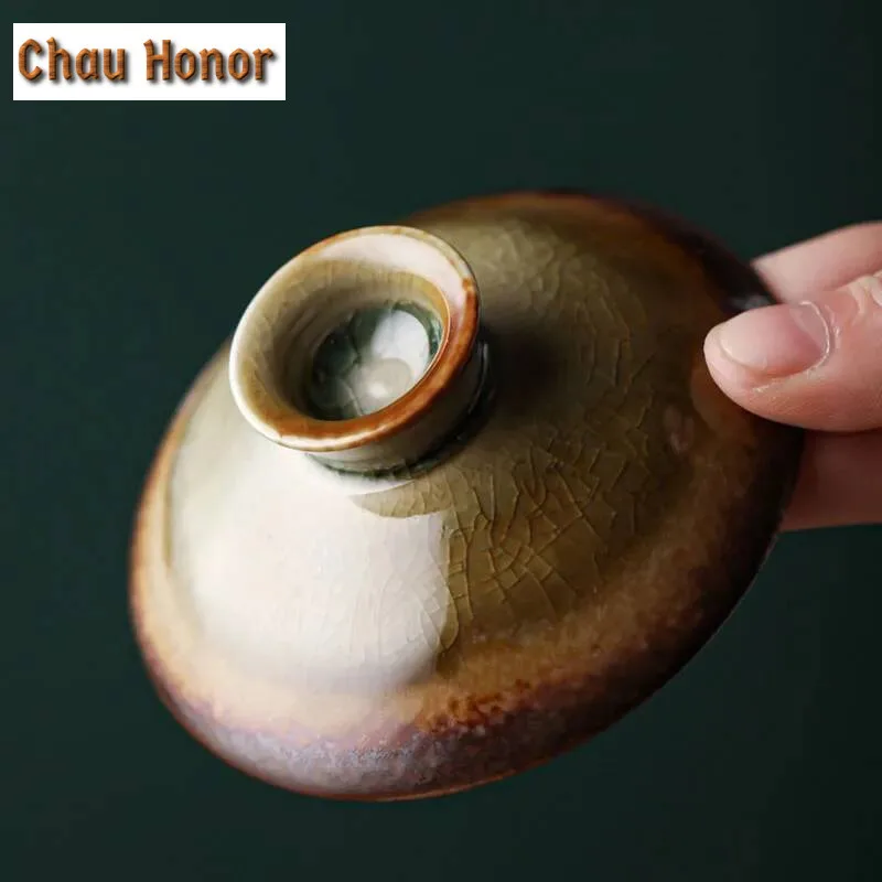 200ml Handmade Wood-fired Ceramic Tea Tureen Retro Coarse Pottery Tea Maker Gaiwan with Lid Household Single Kung Fu Teaware Set