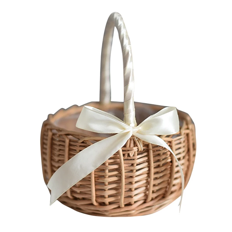 

4X Wicker Woven Flower Basket, With Handle And White Ribbon, Wedding Flower Girl Baskets, For Home Garden Decoration(S)