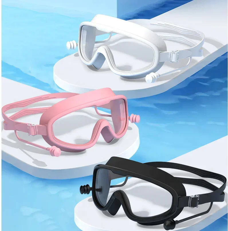 Swimming Goggles Silicone Big Frame with Earplugs Men Women Professional HD Anti-fog Eyewear Swimming Accessories